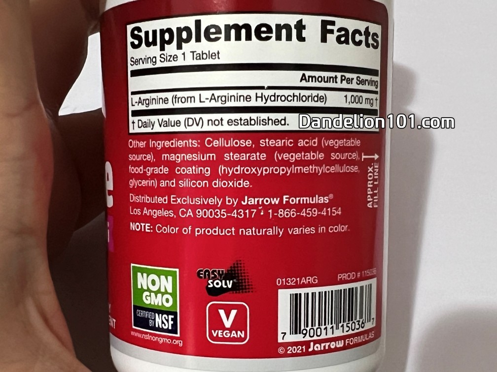 자로우 포뮬러스 아르기닌 Jarrow Formulas Arginine 1000mg 성분표