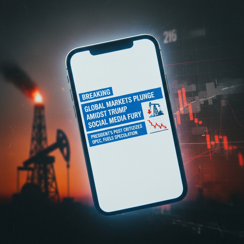 트럼프 SNS 메시지로 유가가 폭락하는 극적인 시장 혼돈 장면, 시네마틱 포토