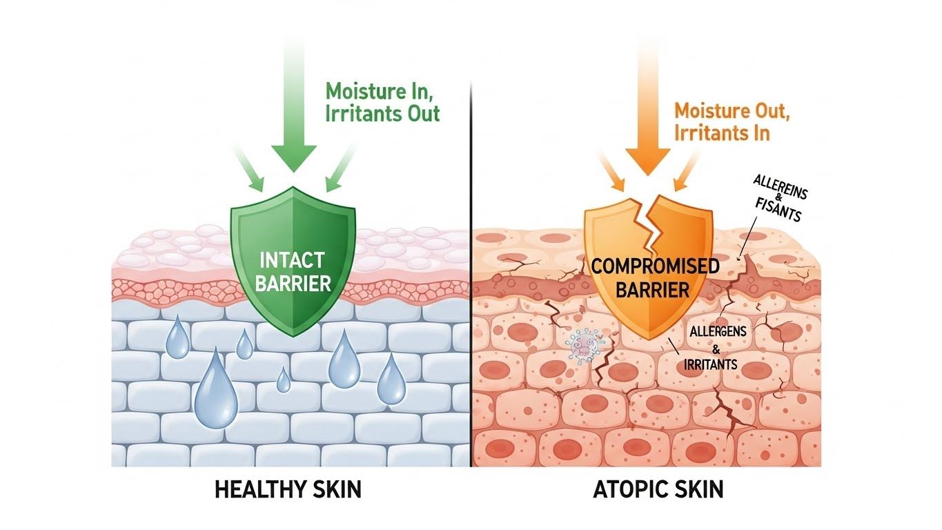 건강한 피부(매끄럽고 온전한 장벽)와 아토피 피부(건조, 균열, 손상된 장벽)를 비교한 인포그래픽