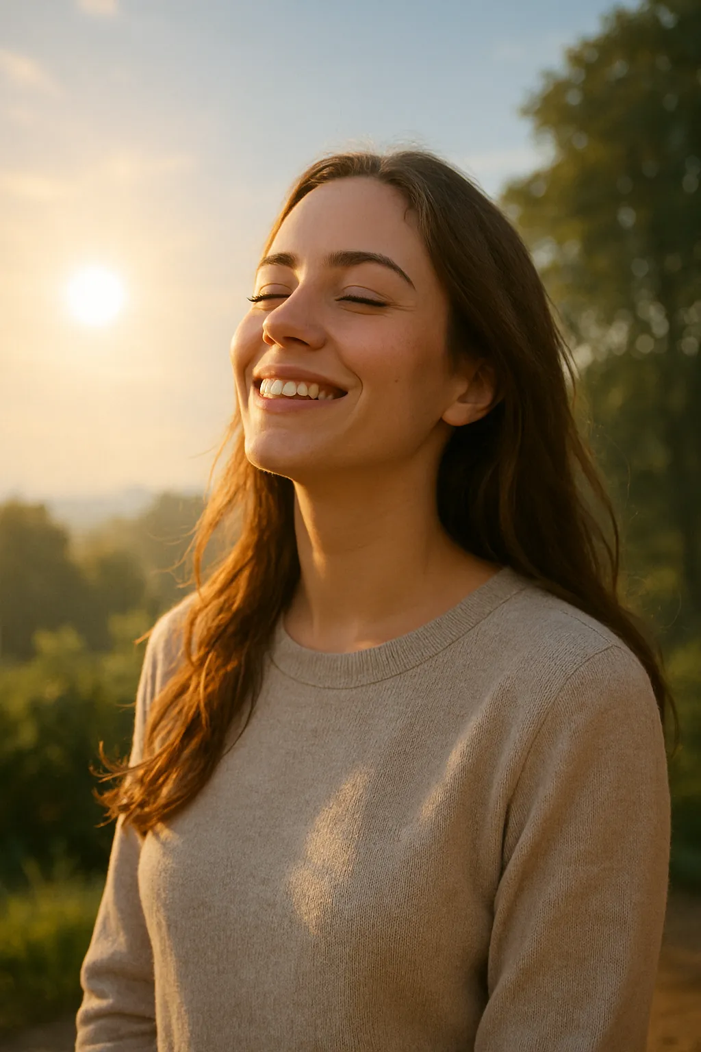 아침-햇살을-받으며-눈을-감고-미소-짓고-있는-여성의-모습으로,-따뜻한-햇빛이-얼굴을-비추며-세로토닌과-멜라토닌-리듬-조절을-통해-기분이-향상되는-과학적-원리를-상징적으로-표현한-이미지