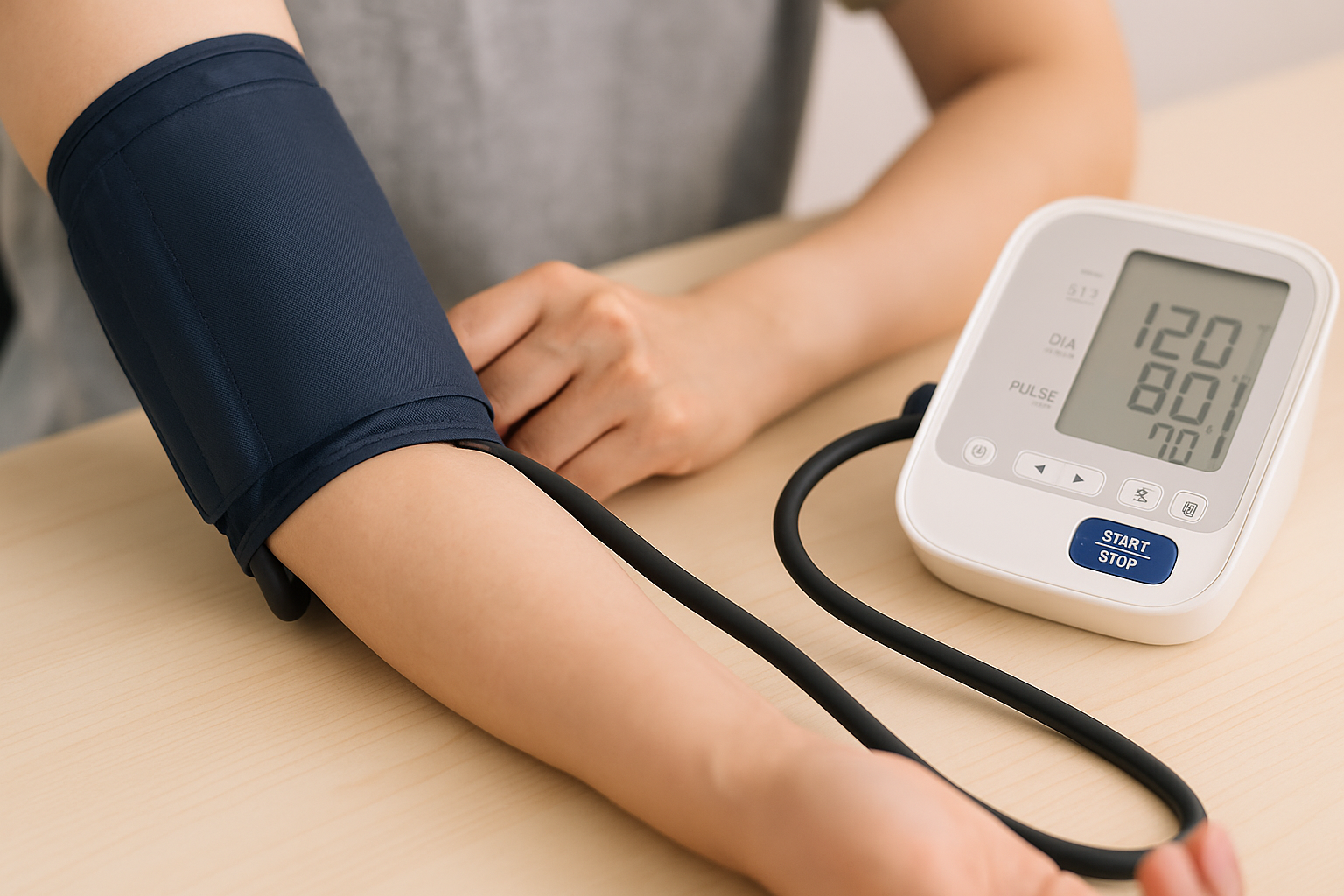 자동 혈압계로 혈압을 측정 중인 사람의 팔 클로즈업