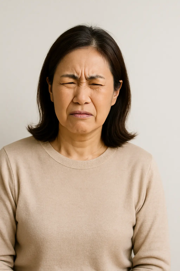 눈을 찡그리며 불편한 표정을 짓고 있는 중년 여성의 상반신 클로즈업 이미지