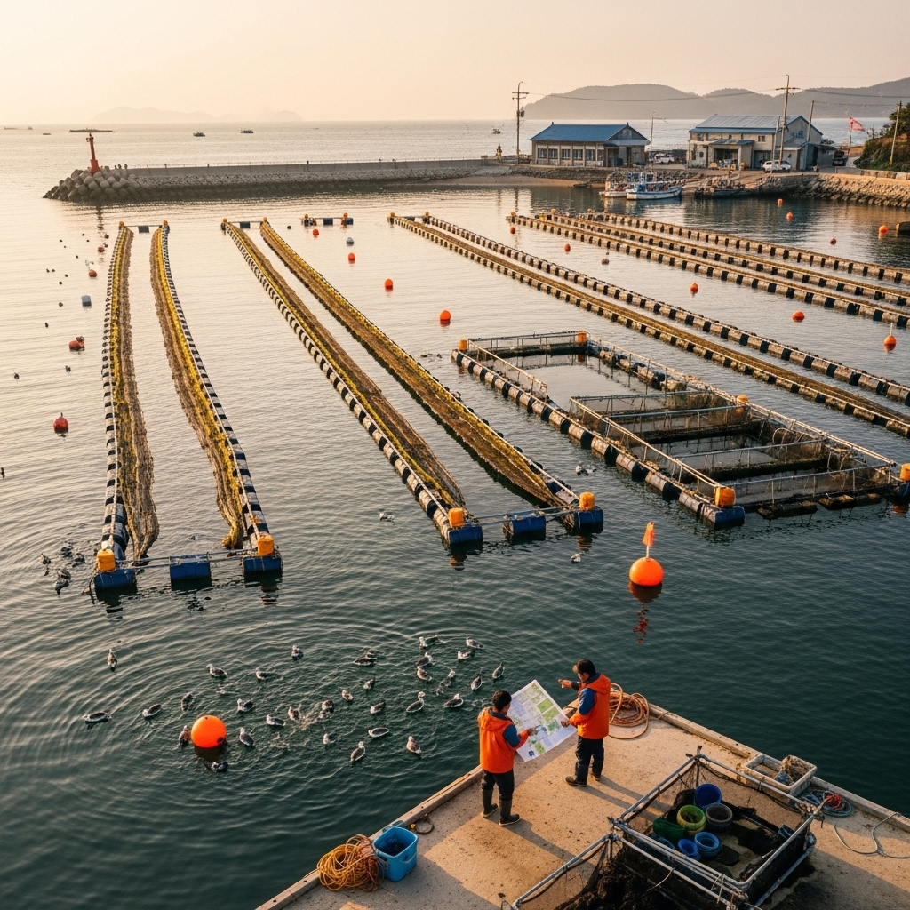 a small-scale IMTA coastal farm at late afternoon golden hour