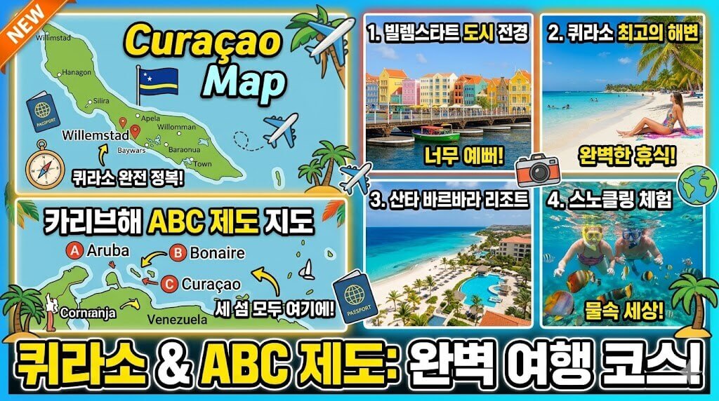 "퀴라소 지도 및 카리브해 ABC 제도 지도 이미지, 주요 관광지 사진" 썸네일 생성해.