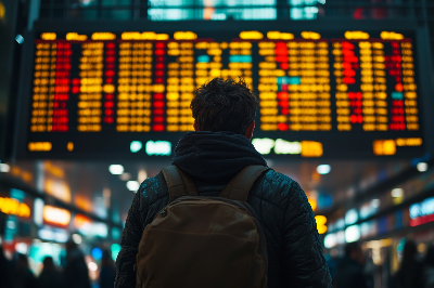 증권 전광판을 보고 있는 청년