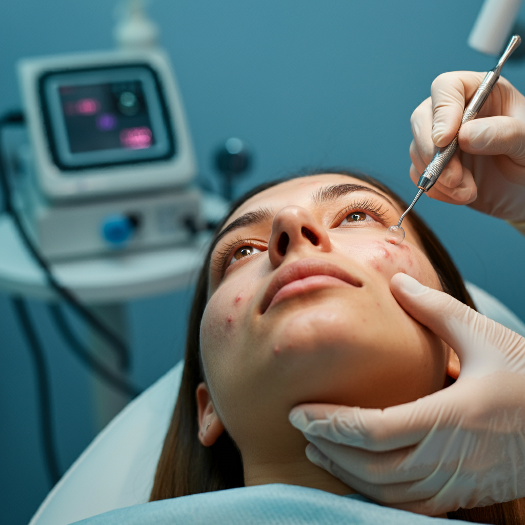 현대적인 피부과에서 염증성 여드름 치료를 받는 환자, 청결하고 밝은 진료실에서 의사가 여드름 압출 치료를 진행하는 장면