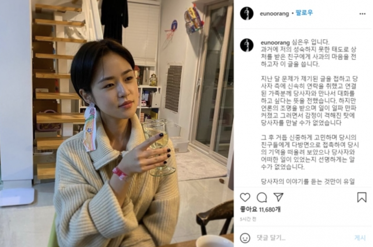 심은우 학교폭력 인정