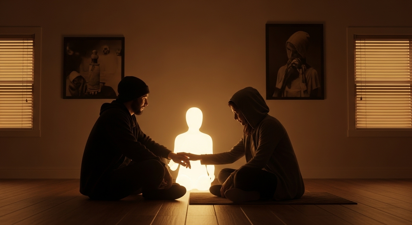 따뜻한 공간에서 보이지 않는 AI와 교감하는 외로운 사람의 모습. AI와의 관계에서 발생하는 인간 감성의 혼란을 시사.