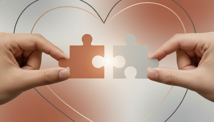 두 개의 퍼즐 조각이 완벽하게 맞춰지는 모습으로, MBTI 궁합과 조화로운 관계를 상징하는 이미지