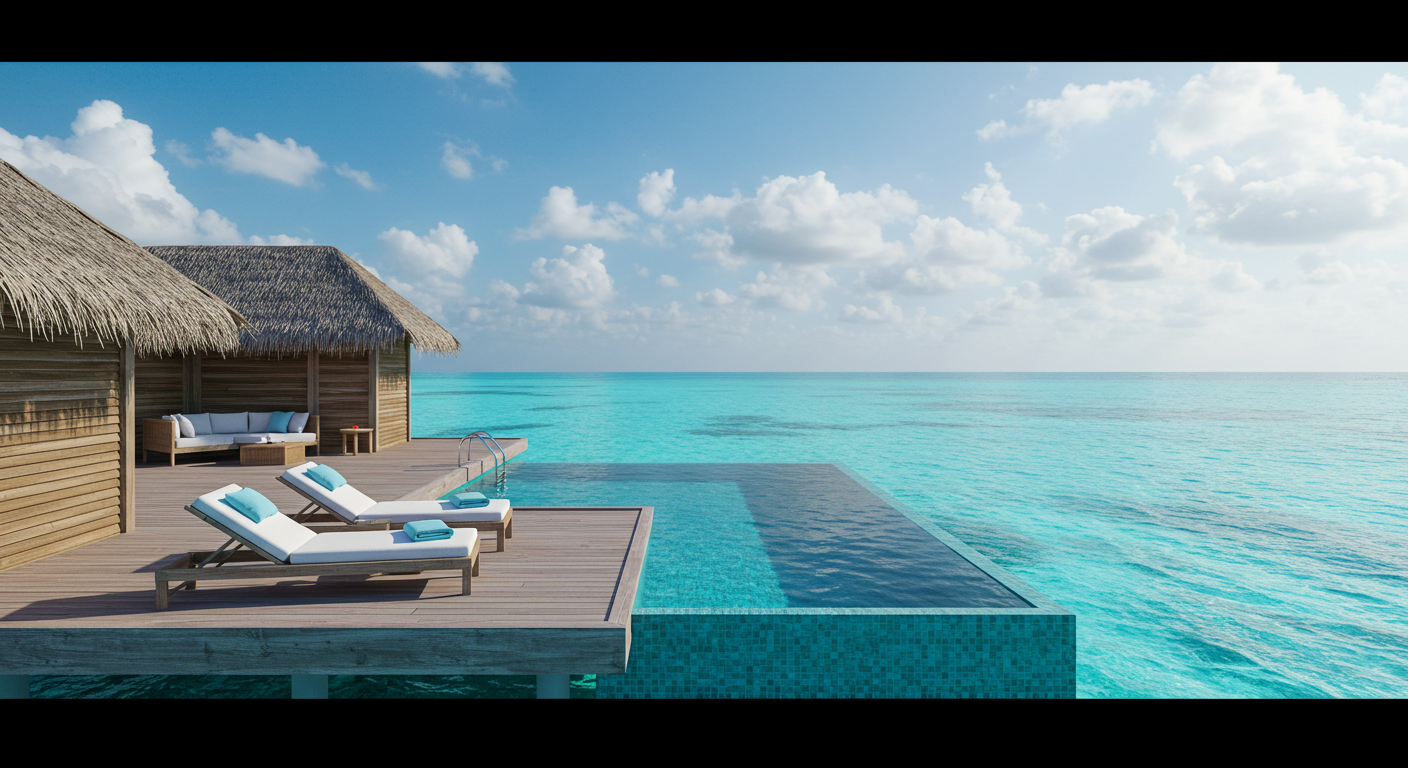 에메랄드빛 바다 위에 떠 있는 프라이빗 오버워터 풀빌라 리조트 전경