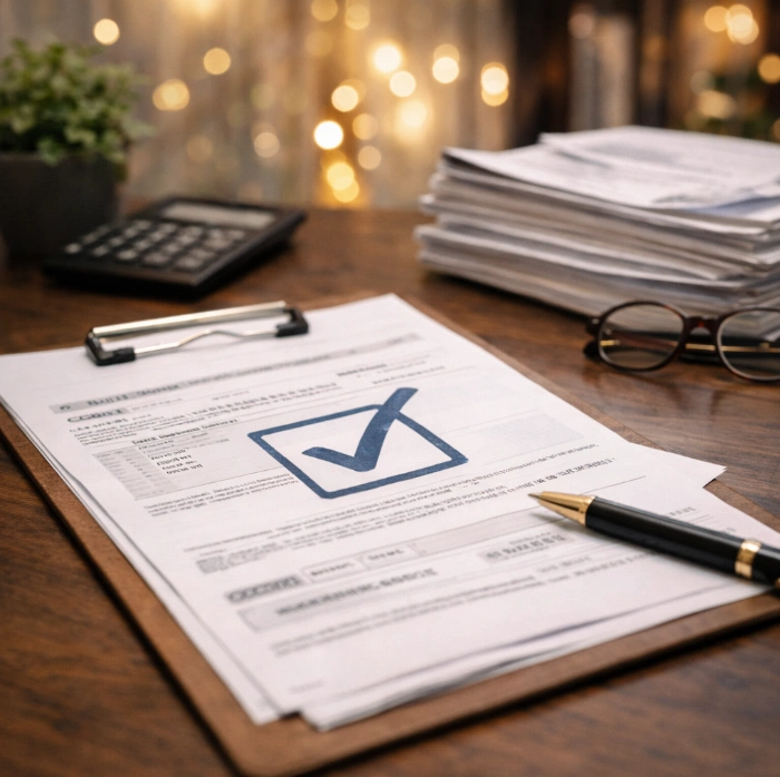 정부지원금 신청을 위해 체크리스트와 서류를 정리해 둔 깔끔한 책상 모습