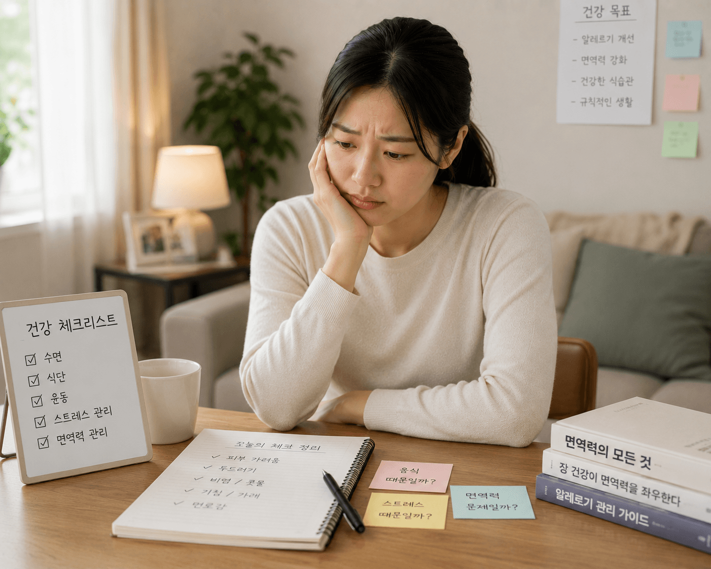 몸 상태를 걱정하며 고민하는 모습