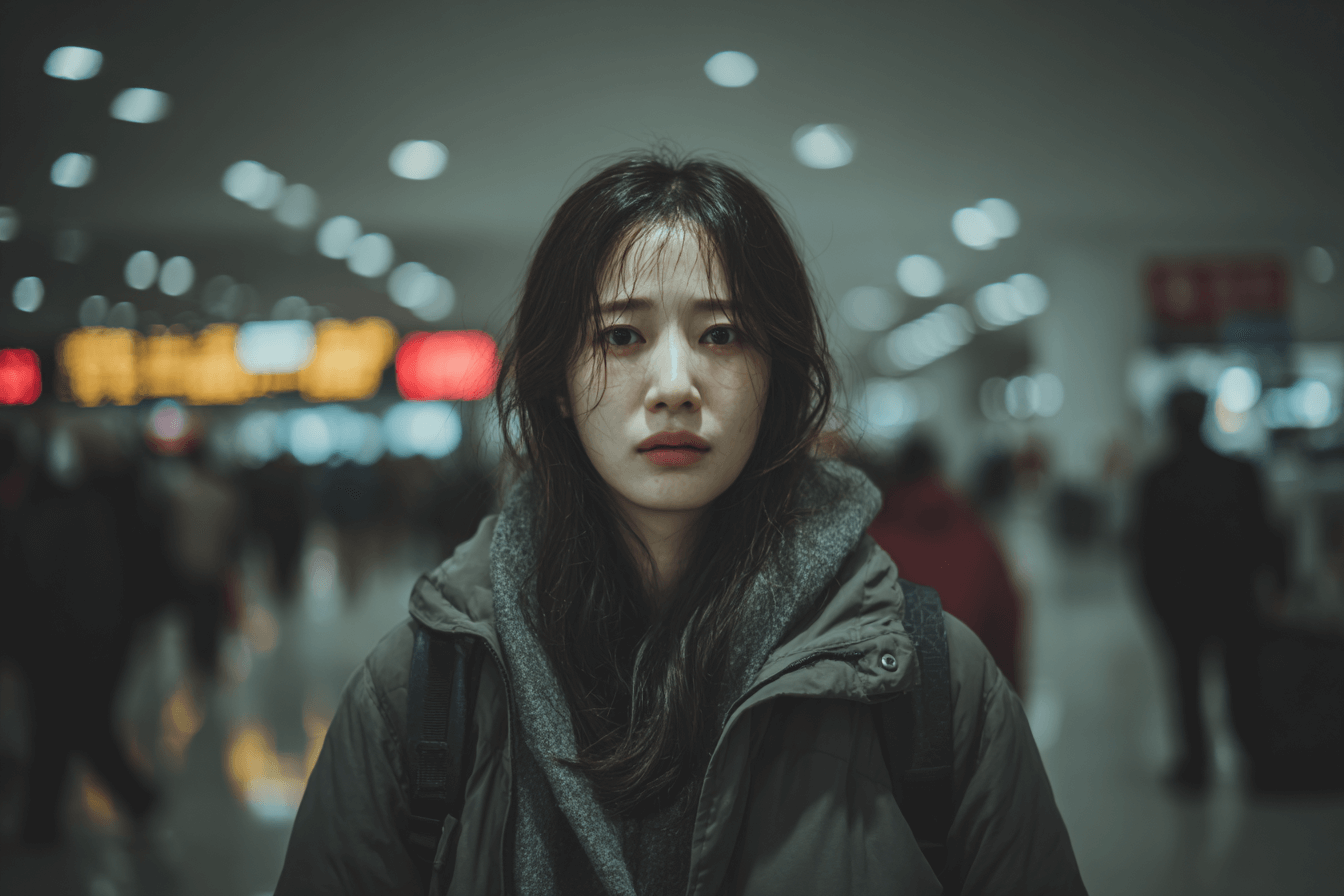 넓은-공공장소에-서-있는-심각한-표정의-여성