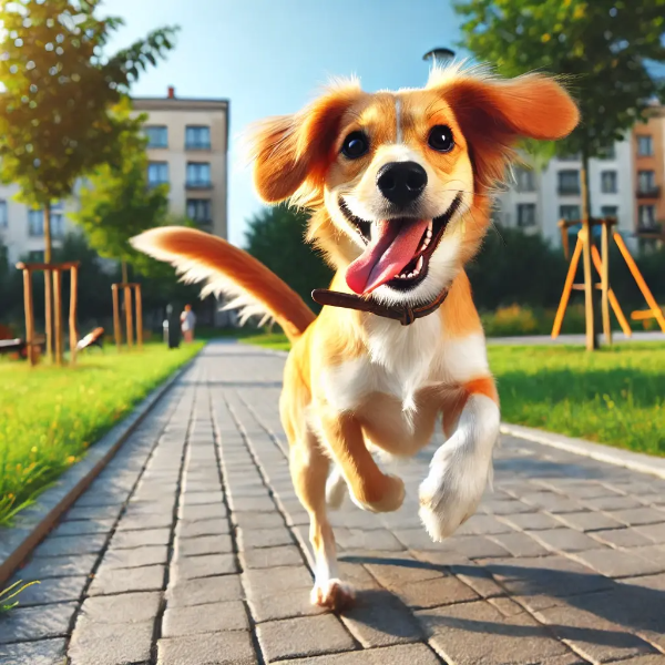 활기차게 산책을 즐기는 행복한 강아지, 꼬리를 흔들며 밝은 공원에서 뛰노는 모습
