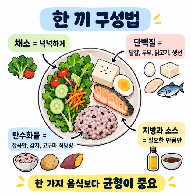 다이어트 한 끼를 단백질, 채소, 적당한 탄수화물, 소량의 지방과 소스로 구성하는 방법을 정리한 카드
