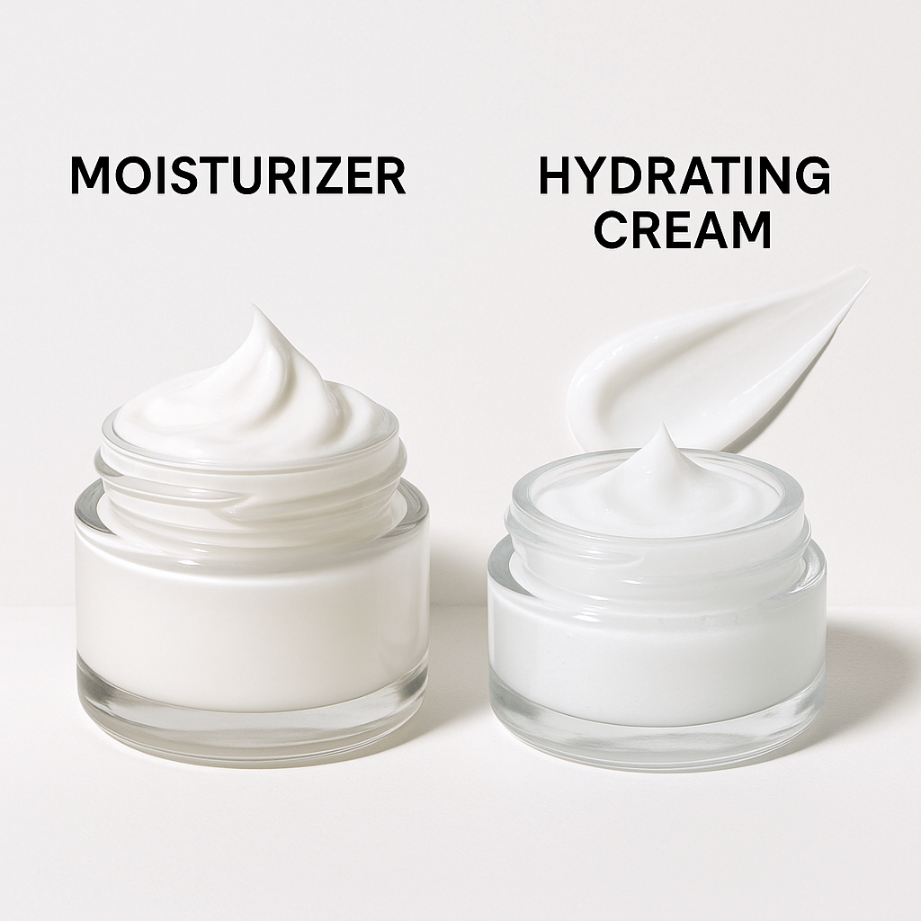 수분크림과 보습제를 비교하며 발림성, 텍스처를 보여주는 깔끔한 화장품 광고 이미지(출처**자체제작)