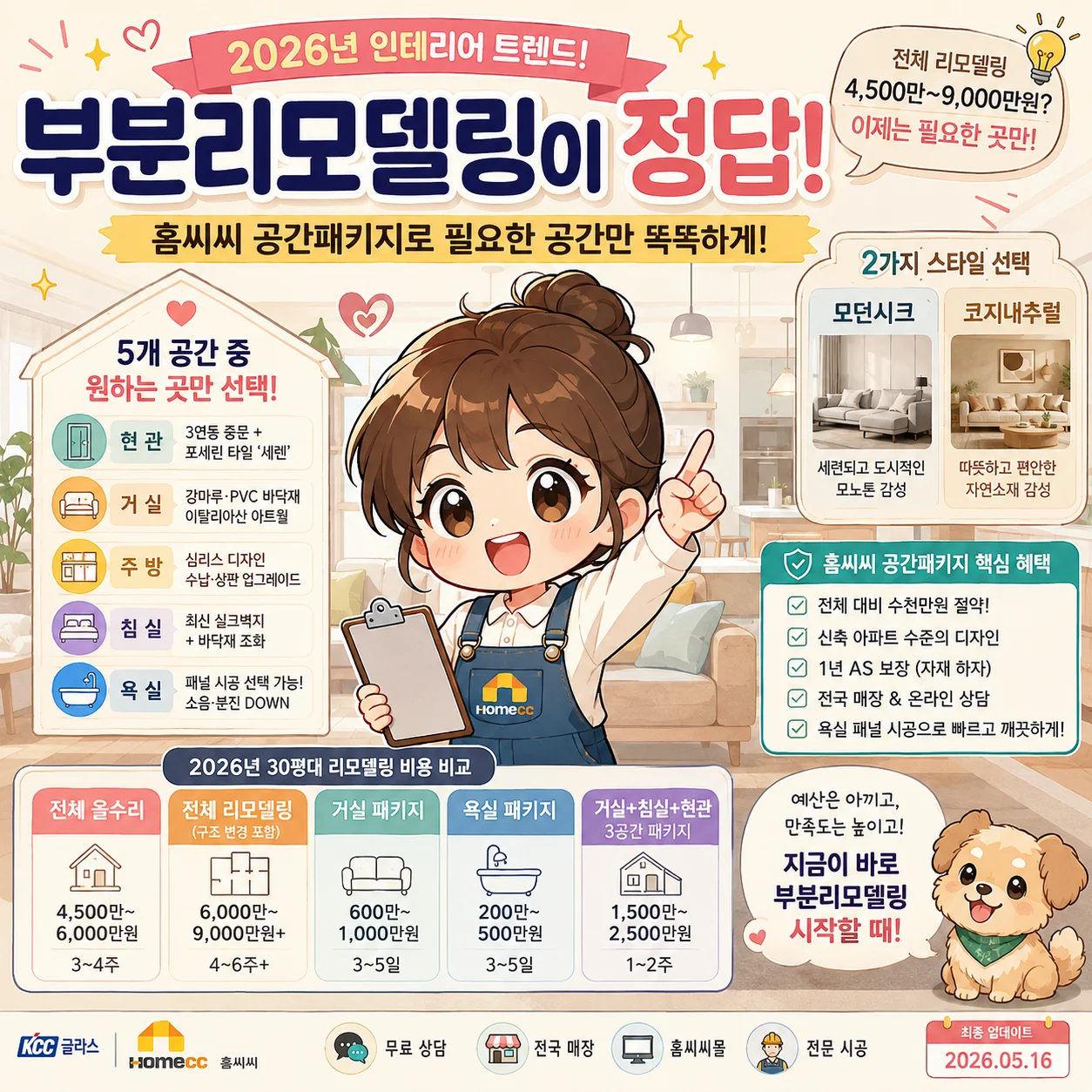 2026년 홈씨씨 공간패키지 부분리모델링 가이드 치비 스타일 SNS 카드, 30평대 아파트 거실·욕실·주방·침실·현관 부분 인테리어 비용 비교와 모던시크·코지내추럴 스타일 소개