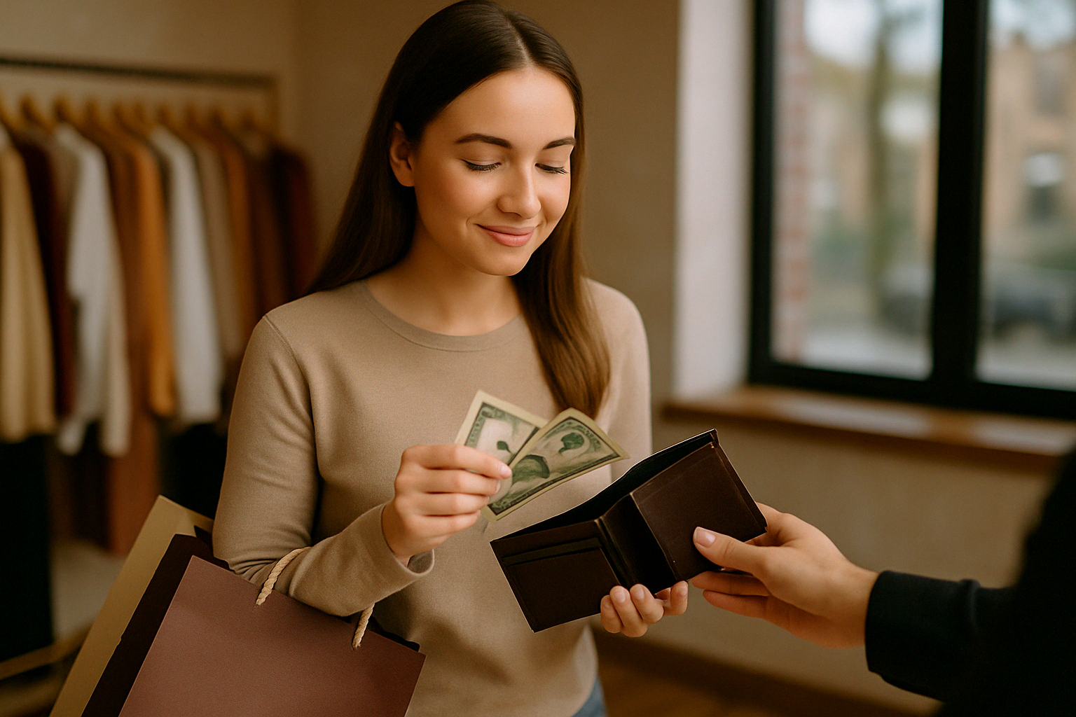 현금을 들고 지갑을 여는 모습이 담겨 있어&amp;#44; 쇼핑을 마치고 계산을 마무리하는 과정을 시각적으로 보여줍니다.