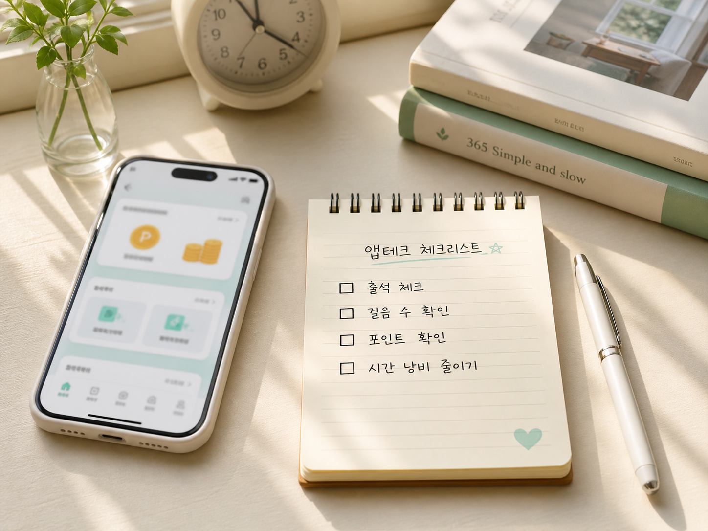앱테크 체크리스트와 포인트 관리 화면을 정리한 책상