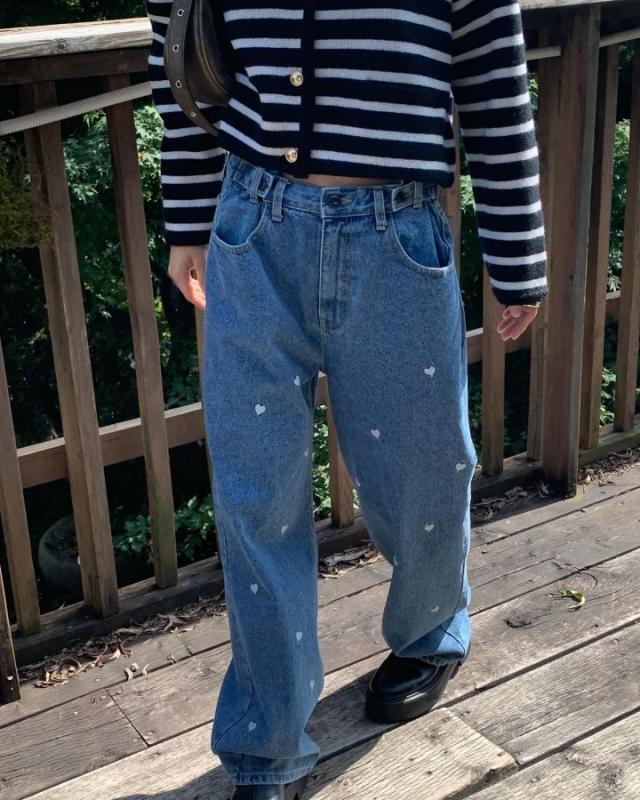 하트 자수 데님 팬츠 비조 와이드데님