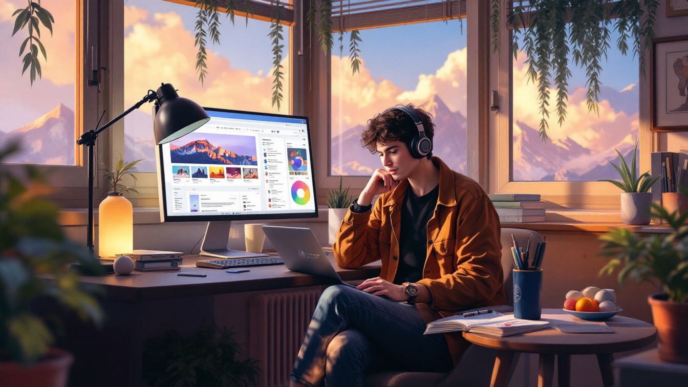 A man is using his laptop listening to something.