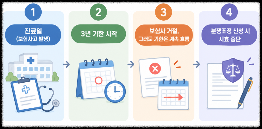 보험금 청구 기한이 진료일부터 시작해 보험사 거절 후에도 이어지고 분쟁조정 신청으로 중단되는 흐름