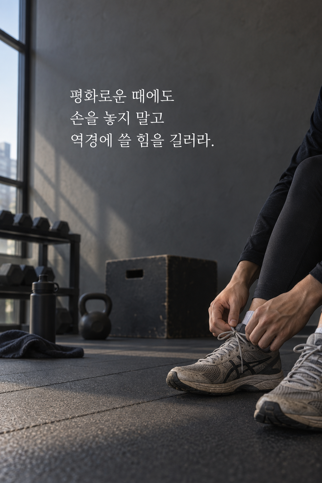 평화로운 때에도 손을 놓지 말고 역경에 쓸 힘을 길러라. 문구가 담긴 세로형 이미지
