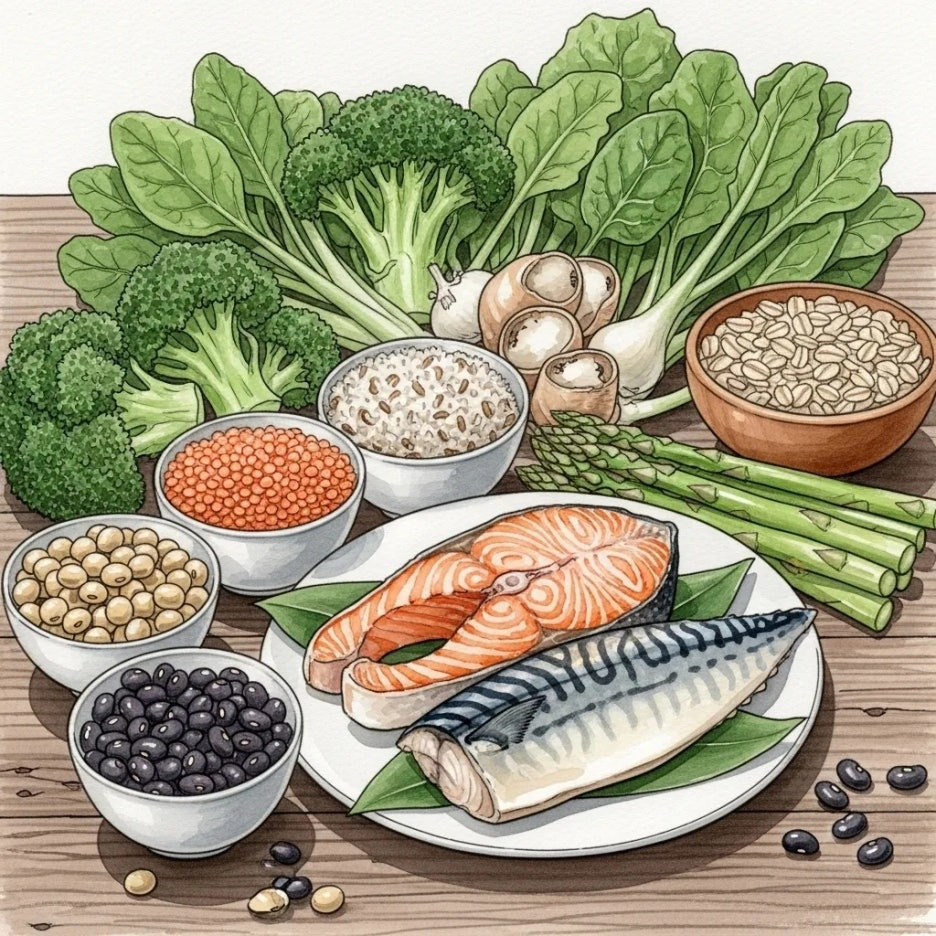 신선한 생선, 콩, 통곡물로 채워진 식탁