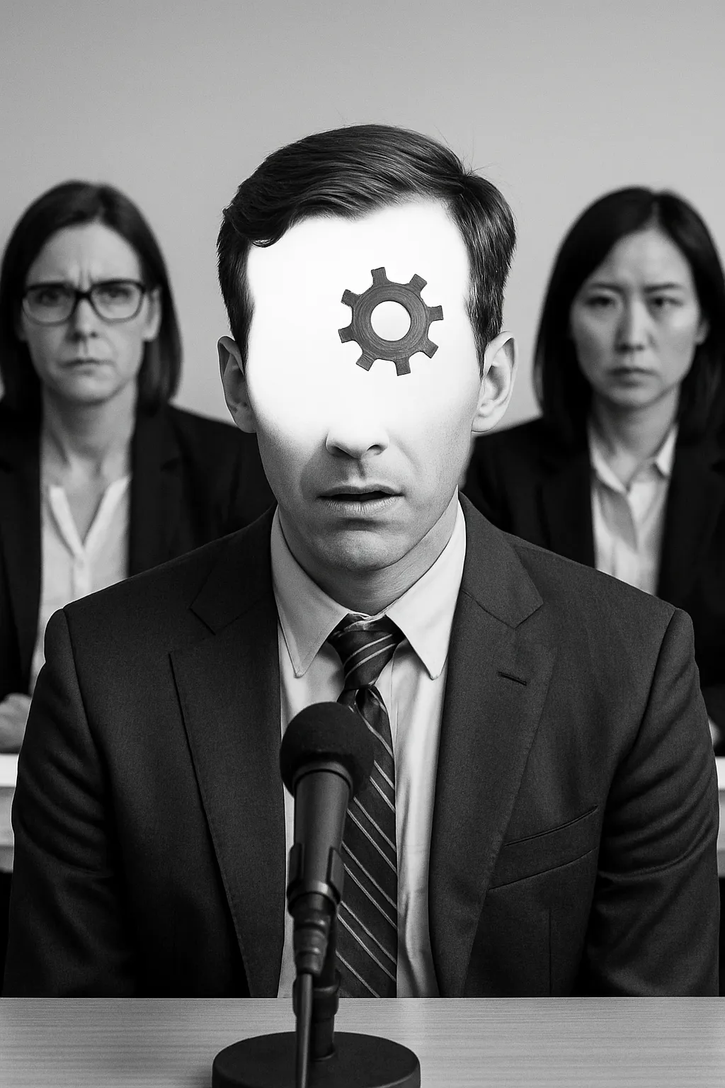 흑백 사진 속 정장 차림의 면접관 세 명이 앉아있고, 가운데 면접관의 얼굴은 하얗게 비어있으며 그 위에 톱니바퀴가 그려져 있다. 질문 마이크가 앞에 놓여있어 면접 상황의 압박감과 인지 마비를 상징한다.