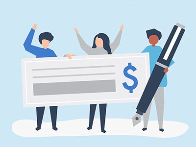 세 명의 사람들이 환급 수표를 들고 기뻐하는 장면의 일러스트