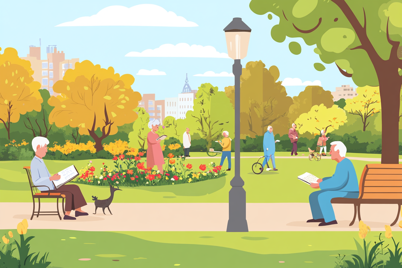 공원 풍경, 노인들이 산책하고, 벤치에 앉아 책을 읽고 있다.