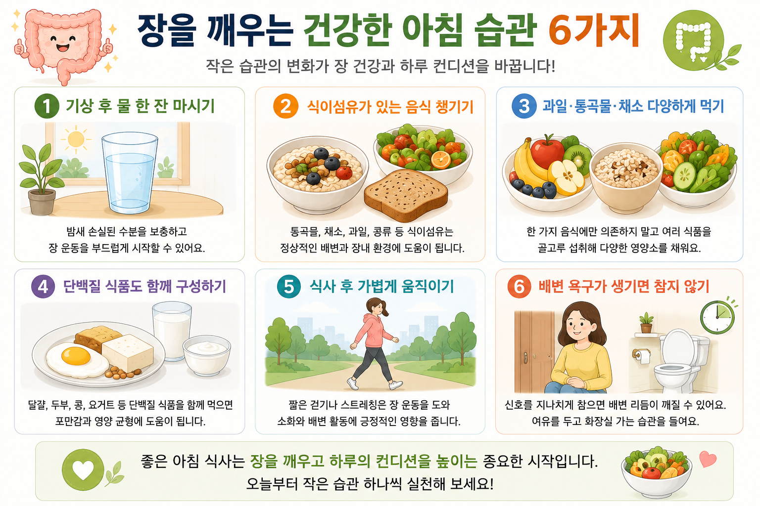 물, 식이섬유, 다양한 식물성 식품, 단백질, 움직임과 배변 신호를 소개한 여섯 가지 아침 습관