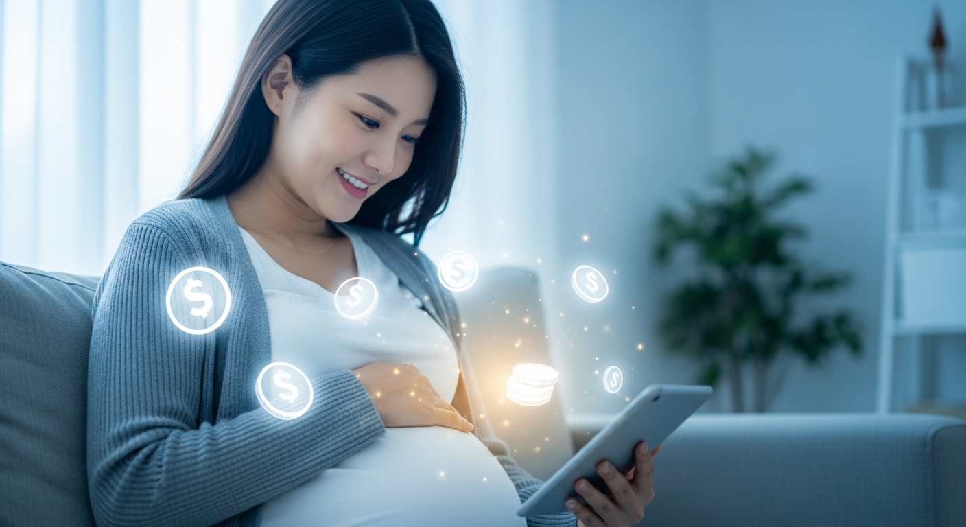 2026년 임산부 지원금을 확인하며 병원비 절약에 만족하는 행복한 임산부