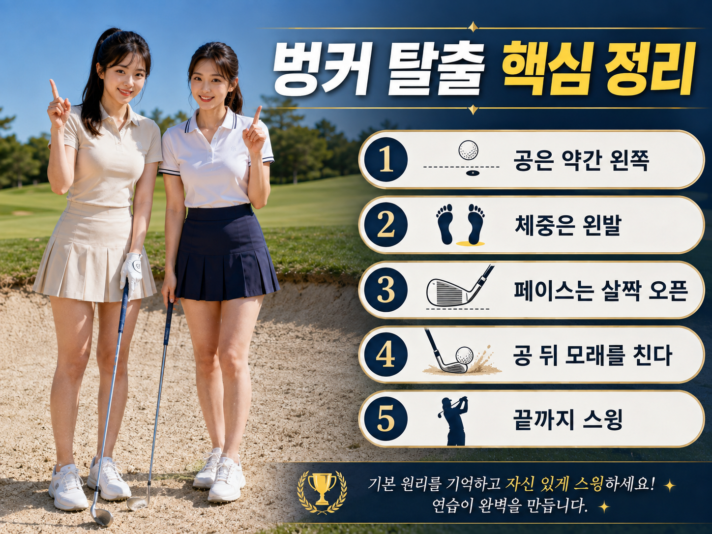 벙커 탈출 핵심 5가지 공 위치 체중 페이스 타점 스윙