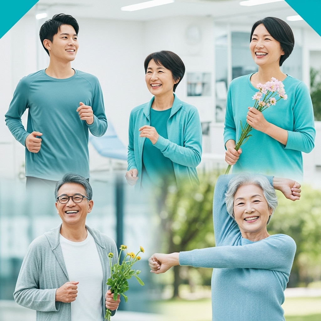 나이대별로 건강한 생활을 즐기는 다양한 연령대의 사람들 (젊은 성인, 중년, 노년층)이 함께 어우러진 활기찬 모습.