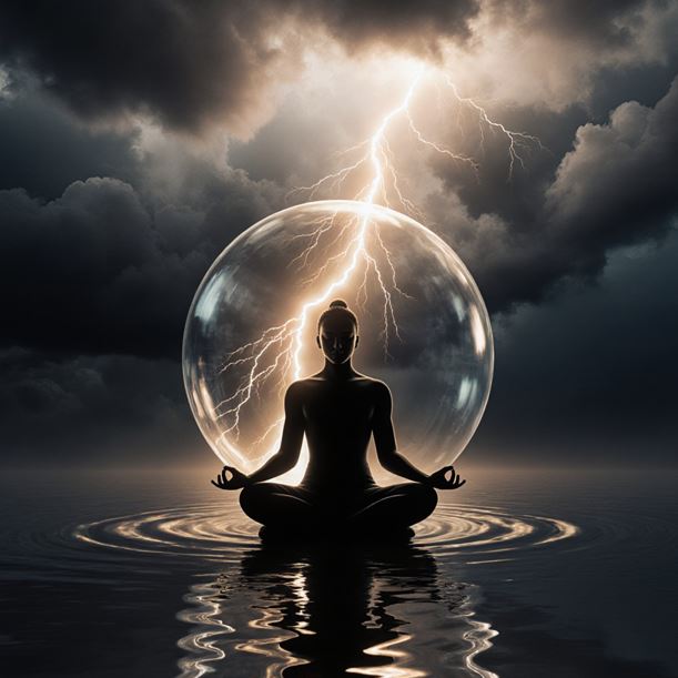 중앙에 고요하고 평온한 사람의 실루엣이 명상 자세로 앉아있다.
인물 주변에는 투명한 구슬이 있어 안전하게 보호 받고 있다.
어두운 폭풍구름에서 번개가 치고 있지만 인물에게는 닿지 않고 있다.