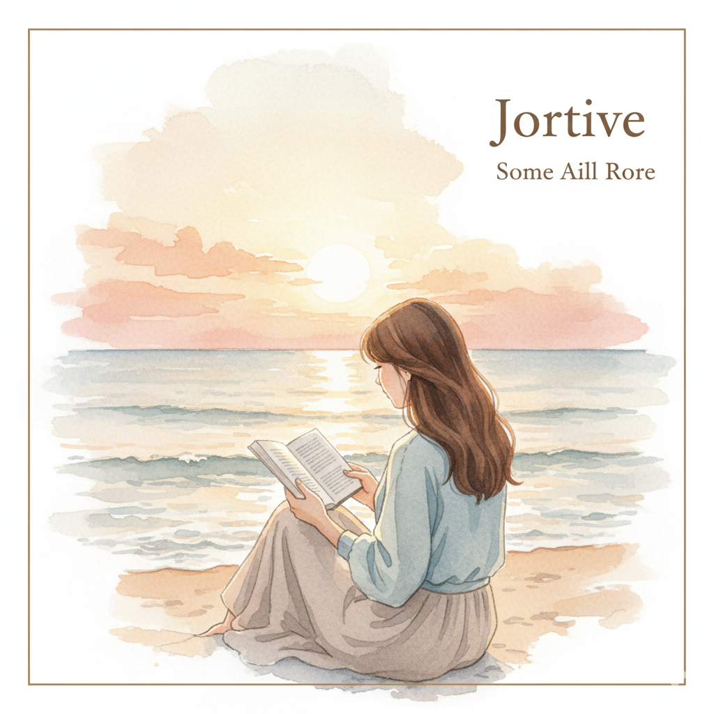 노을 진 바닷가에서 책을 읽는 여성, 따뜻한 수채화 스타일의 감성 일러스트, 브랜드 텍스트 포함