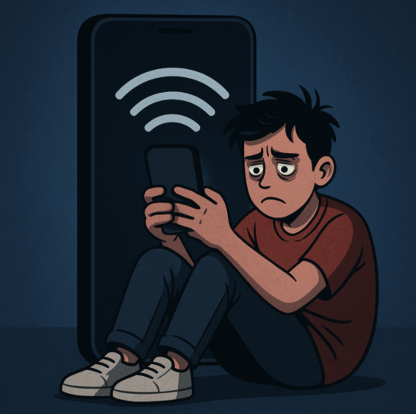 피곤이 가득한 얼굴을 하고도 스마트폰을 내려놓지 못하는 남성 이미지