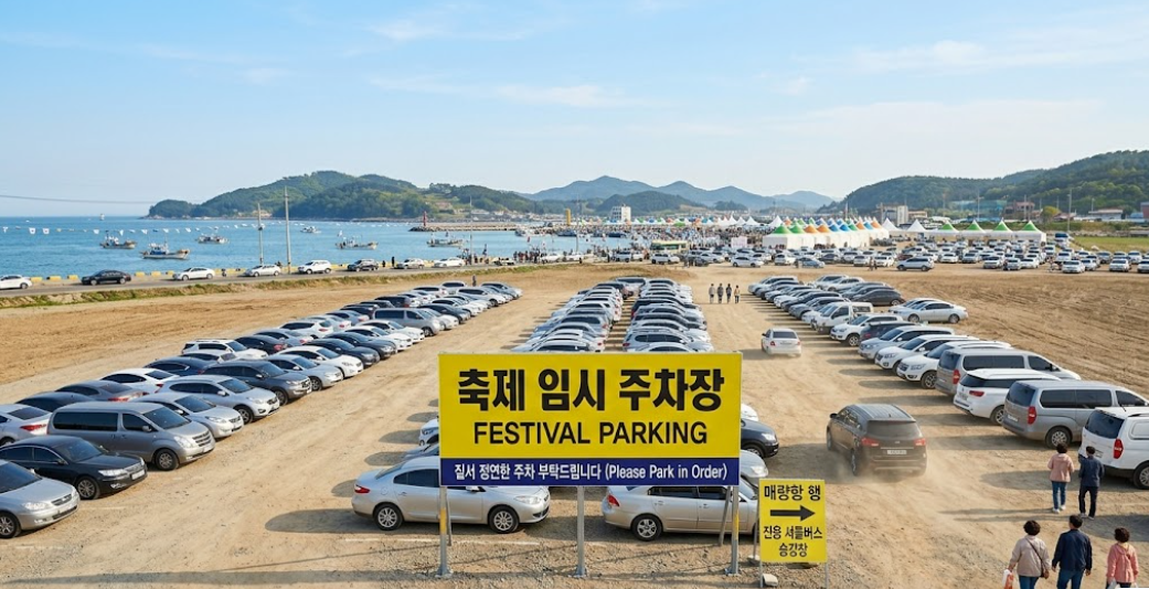 넓게 마련된 축제 전용 임시 주차장과 셔틀버스 정류장 안내판