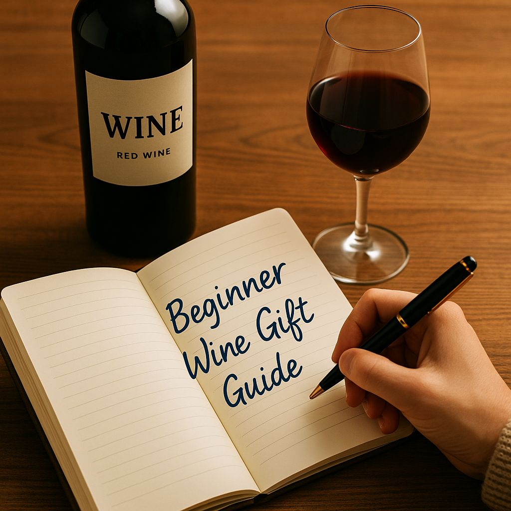 A hand writing "Beginner Wine Gift Guide" in a notebook on a wooden table, with a bottle of red wine and a filled wine glass beside it.