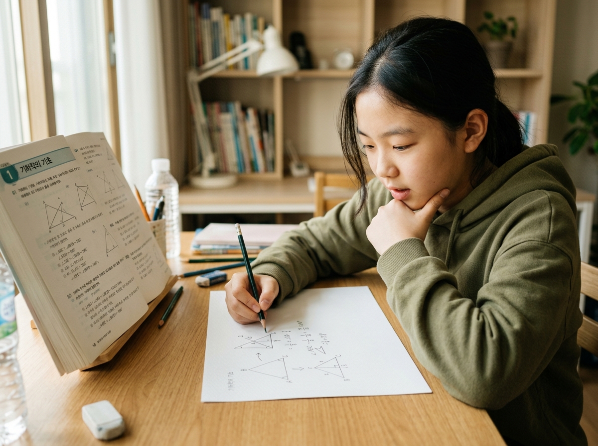 수학 개념을 백지에 정리하며 학습하는 학생
