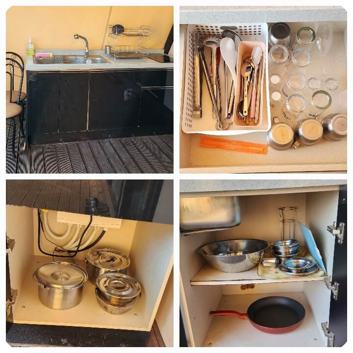 기구와 냄비가 있는 싱크대