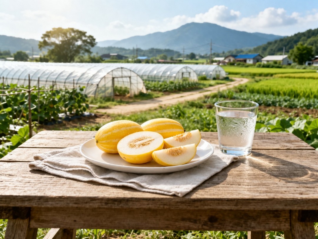 농가 풍경을 배경으로 접시에 담긴 참외와 물컵이 놓인 장면