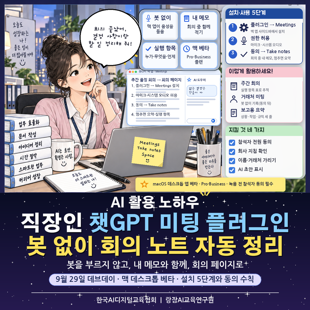 직장인을 위한 챗GPT 미팅 플러그인 사용법 &mdash; 봇을 회의에 초대하지 않고 맥 데스크톱 앱이 회의 음성을 듣고 요약&middot;할 일을 정리, 설치 5단계와 이용 조건&middot;동의 수칙 (AI 강사 강성희)