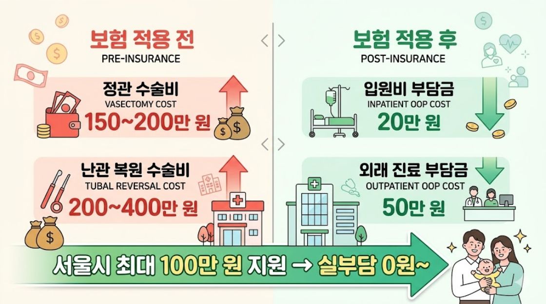 정관복원술 난관복원술 건강보험 적용 후 본인부담금 비교 인포그래픽 &ndash; 입원 20만 원 외래 50만 원 서울시 최대 100만 원 지원 2026