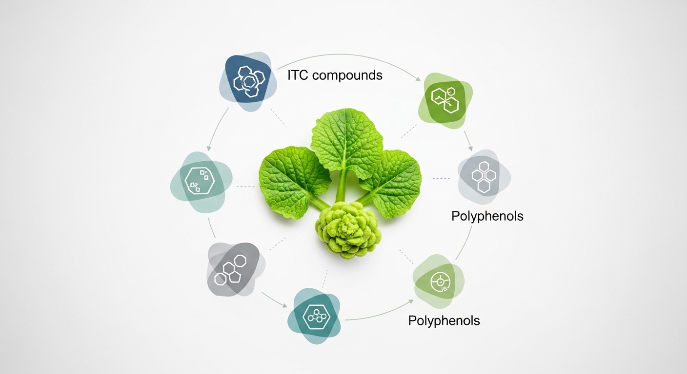 와사비-잎이-중앙에-있고-ITC-화합물과-폴리페놀을-나타내는-아이콘입니다.