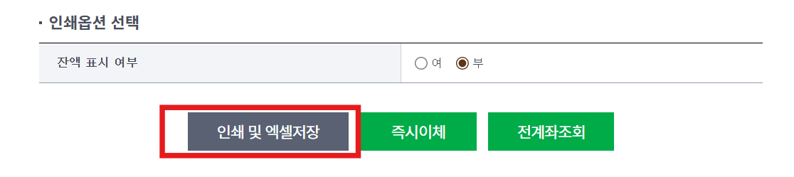 NH농협은행-입출금거래내역서에-잔액표시를-물어보는-항목과-엑셀파일로-저장할-수-있는-사진