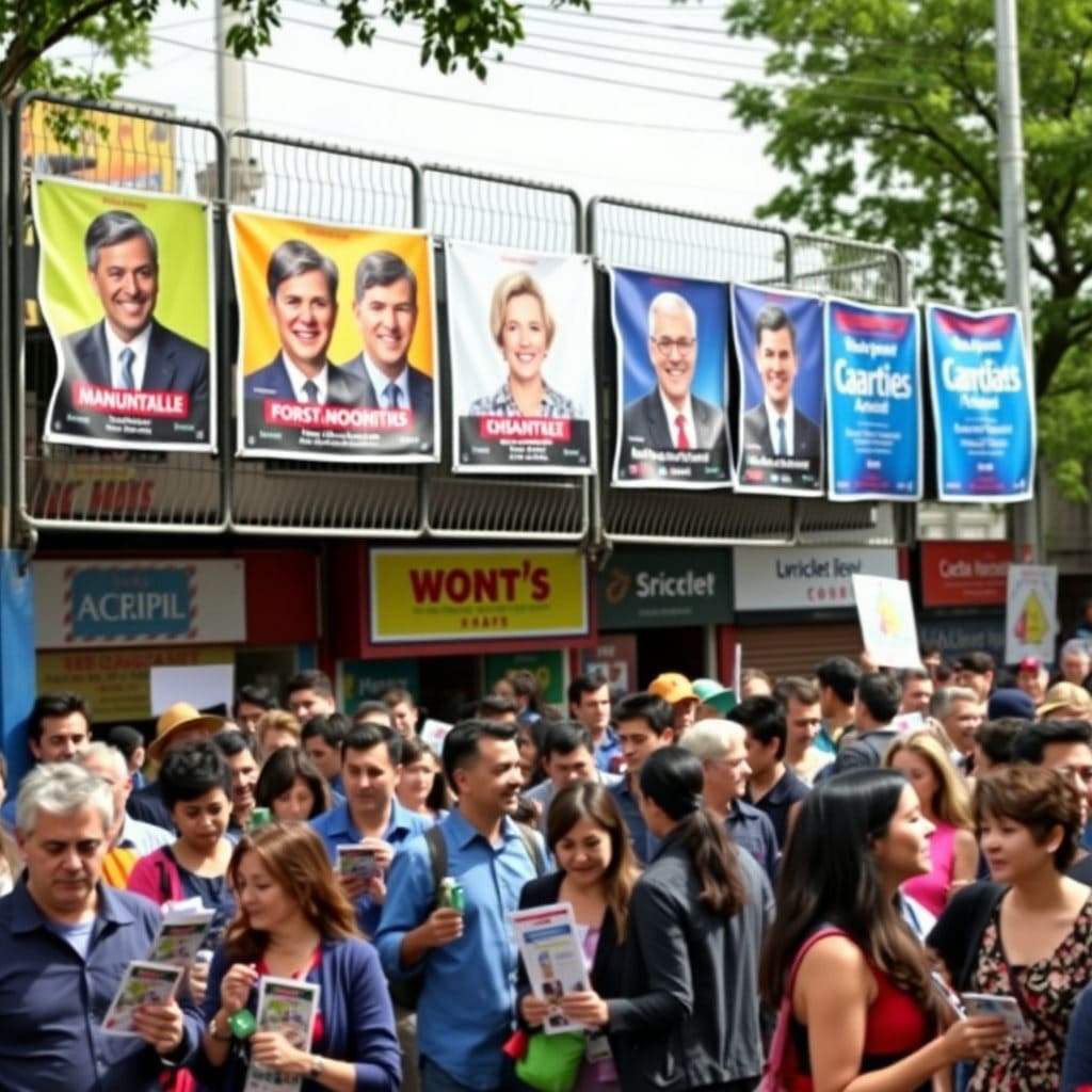 다양한 후보자의 포스터들이 일렬로 걸려 있고, 그 아래로 분주한 거리나 시민들의 모습이 함께 담겨 선거 분위기를 생생하게 전달합니다