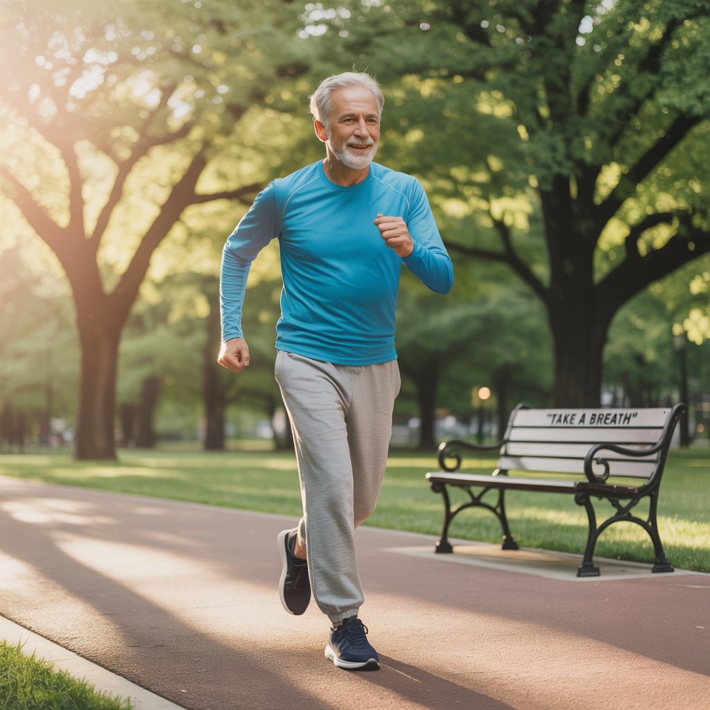 남성 노인이 빠르게 걸으면서 운동하는 모습