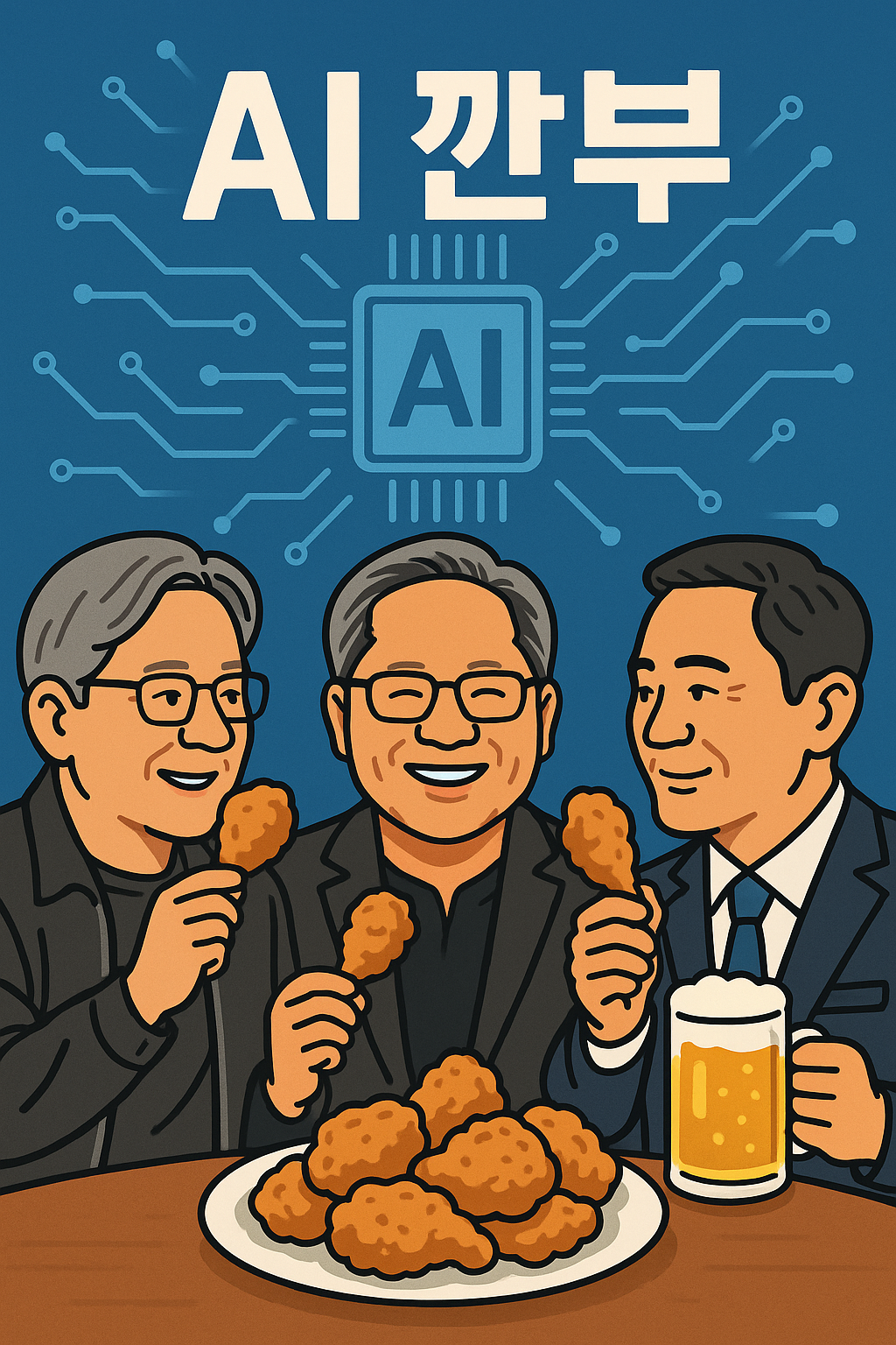 AI 깐부 치맥 회동 콘셉트 일러스트 – 젠슨 황, 이재용, 정의선이 치킨과 맥주를 들고 있는 모습
